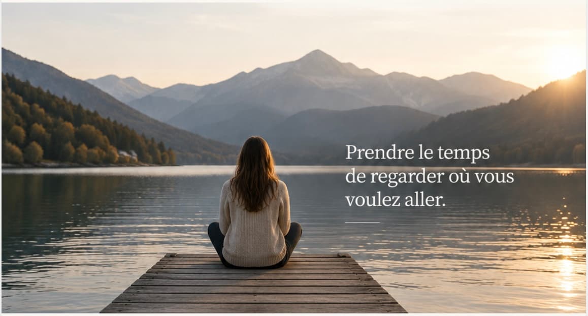 Une personne assise sur un ponton regarde un lac et les montagnes au soleil levant